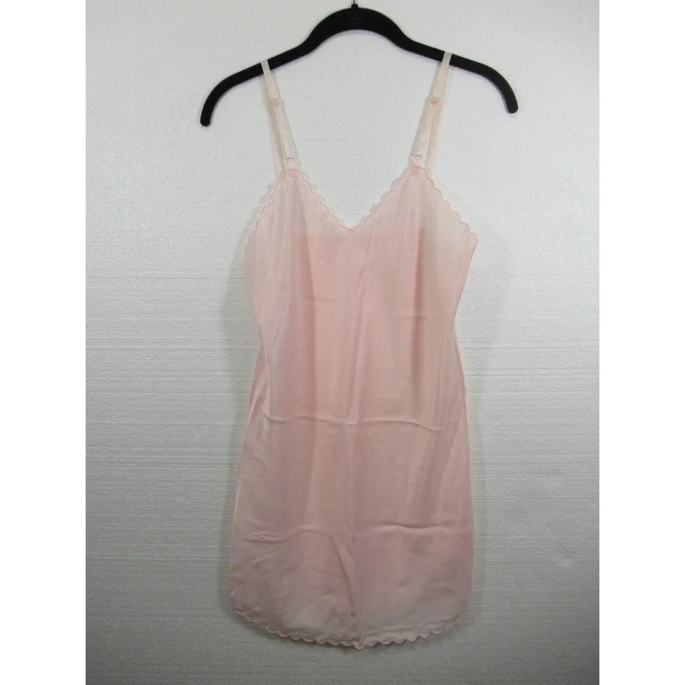 Vintage Scalloped Satin Mini Dress Full Slip Women 32 Pink